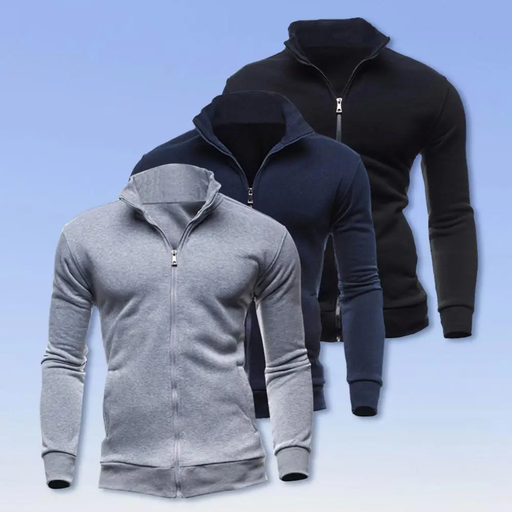 Men Autumn Long-Sleeves Stand Collar Cardigan Zipper solid color Sports Sweatershirt Coat