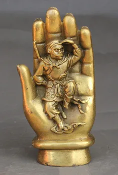 

Chinese Buddhism Brass Sun WuKong Handsome Monkey King In Buddha Hand Statue