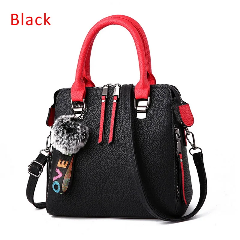 Женские сумки из искусственной кожи, сумка-мессенджер с меховым помпоном, сумки через плечо с клапаном, женская сумка на плечо, одноцветные сумки - Цвет: Черный