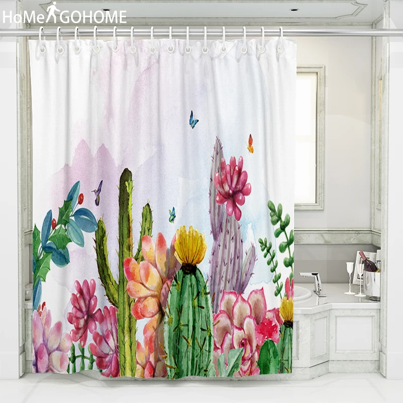 

Tropical Plant Cactus Shower Curtain Polyester Fabric Bath Curtain For The Bathroom Decorations Watercolor Art Shower Curtains