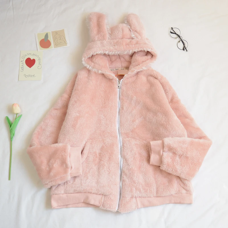 Зимнее женское милое меховое пальто Лолита с заячьими ушками, белая верхняя одежда, куртка Kawaii, кружевное пальто для девочек, толстое теплое розовое плюшевое пальто с капюшоном - Цвет: Pink coat