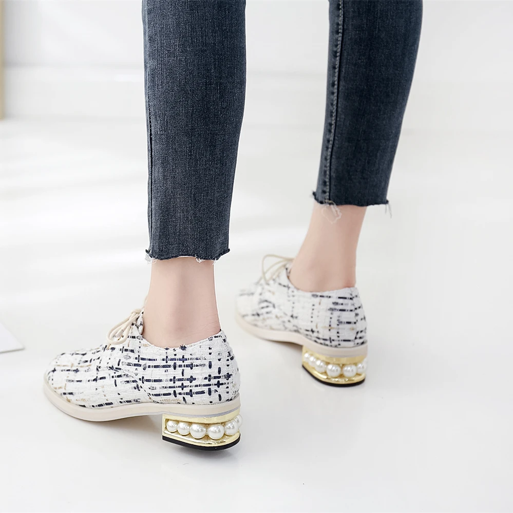 MIULAMIULA Brand Designers Autumn Korean Fashion Luxury Pearl Heels Gingham Lace Up Women Flats Shoes Loafers Casual 35-41