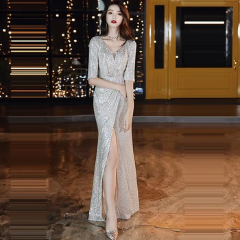 

Evening Dress Bling Sequin Mermaid Robe De Soiree Floor Length Elegant Formal Dresses K010 Half-sleeve Pleat Evening Gown 2019