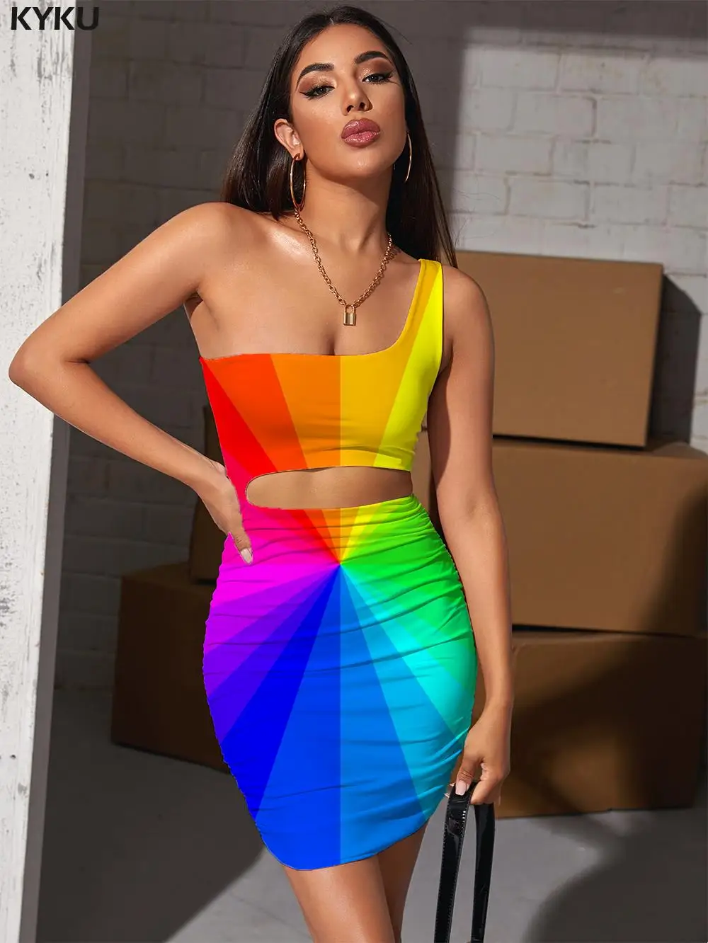 

KYKU Brand Colorful Dresses Women Rainbow Vestido Sexy Dizziness Halter Sleeveless Art 3d Print Womens Clothing Party Vintage