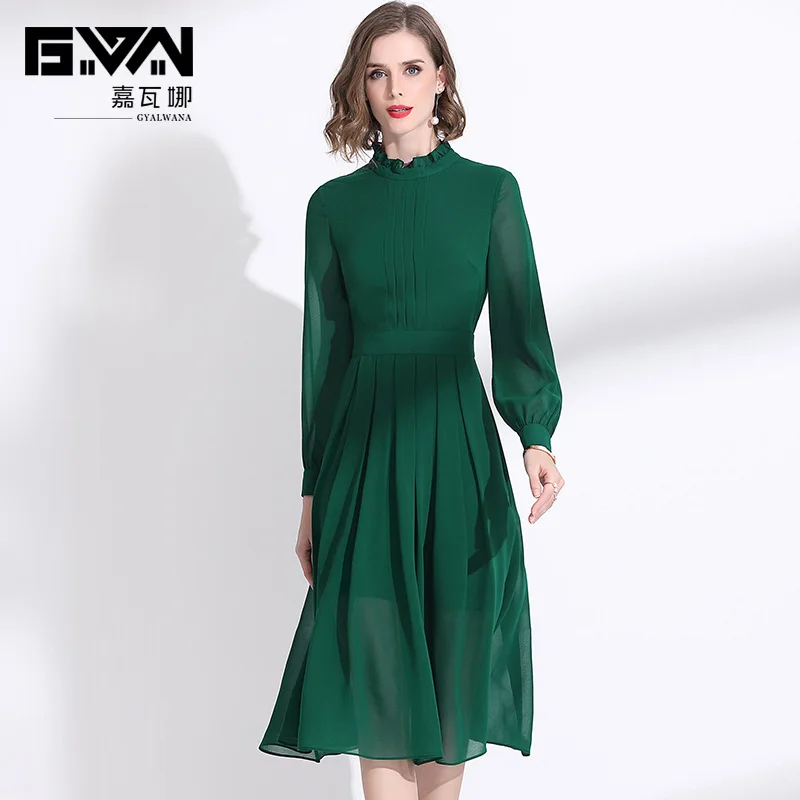 

2020 Spring New Women's High End Green Chiffon Elegant Mid Dresses Long Sleeved A-line Office Lady Dress