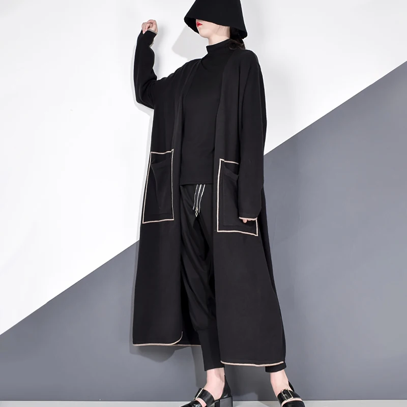 XITAO Pacthwork Striped Knitted Trench Streetwear