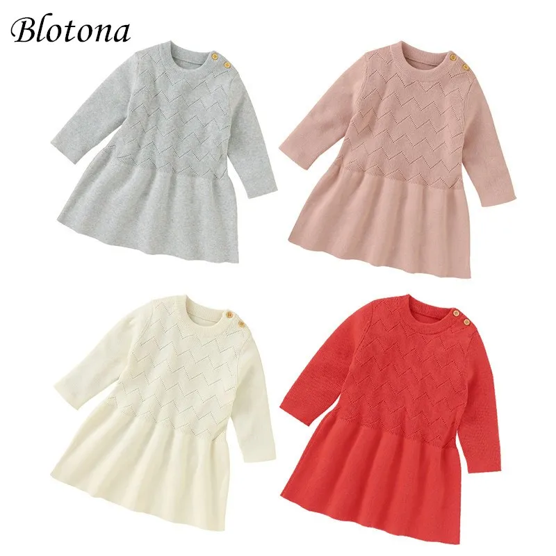 

Blotona Baby Girls Breathable Knitted Sweater Dress Spring Autumn Sweet Style Solid Color Long Sleeve Princess Dresses 3-18M