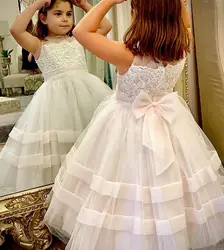 Новое поступление, фатиновое платье с цветочным узором для девочек на свадьбу, одежда для маленьких девочек с бантом, платье для первого