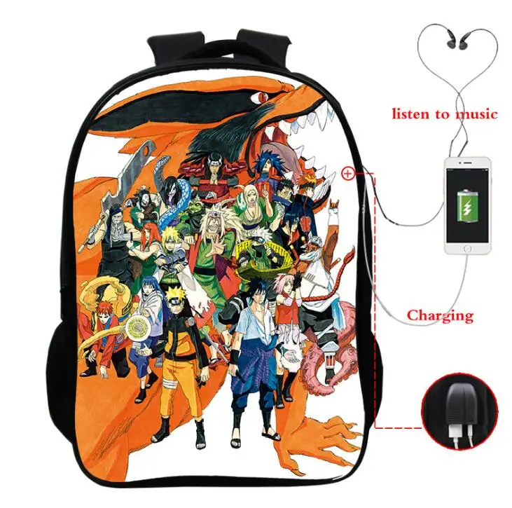 

Naruto Backpacks mochila Sasuke Akatsuki Multifunction USB Charge Headphone Jack School Bags for Teenagers Daily Laptop Backpack