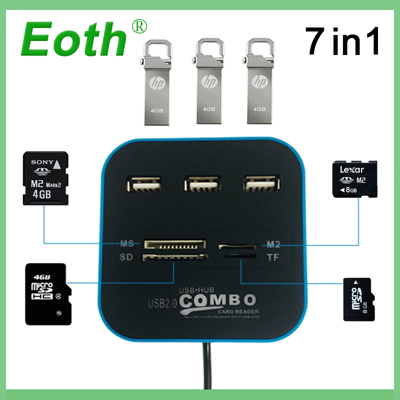 Eoth USB 2,0 usb 3,0 концентратор Combo все в одном Multi-card Reader с 3 Порты USB2.0 вцв для MMC/M2/MS голубой цвет компьютер Тетрадь