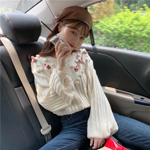 

New Harajuku Kawaii Women Sweater Handmade Floral Sweet Embroidery Cardigan Coat Vintage Lantern Sleeve Sweaters Knit Tops