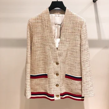 

19 Summer Small Xiangfeng Metal Buckle Temperament Women's Wear Pocket Spell Color Cardigan Short Coat 93075