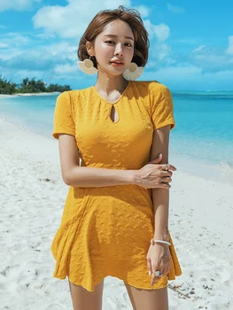 

One Piece Swimsuit Women Short SleeveSolid Swimwear Skirted Backless Monokini Push Up Swim Suit Korea Style Trikini Bathing Suit