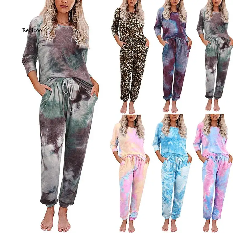 

Спортивный костюм Tie Dye из двух предметов, женская одежда, пуловер с длинным рукавом и брюки, спортивный костюм для бега, женская одежда для отдыха