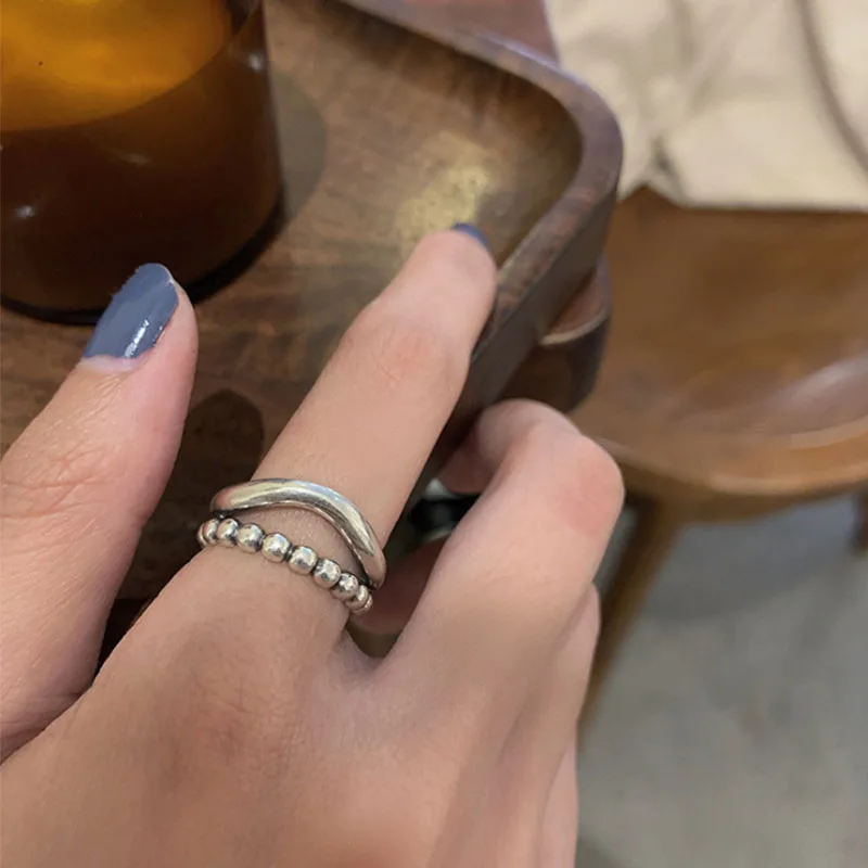 VENTFILLE 925 Silver New Thick Simple Wave Light-shaped Solid Double-layer Rings Trendy Couple Ring Female Gift - Image 5