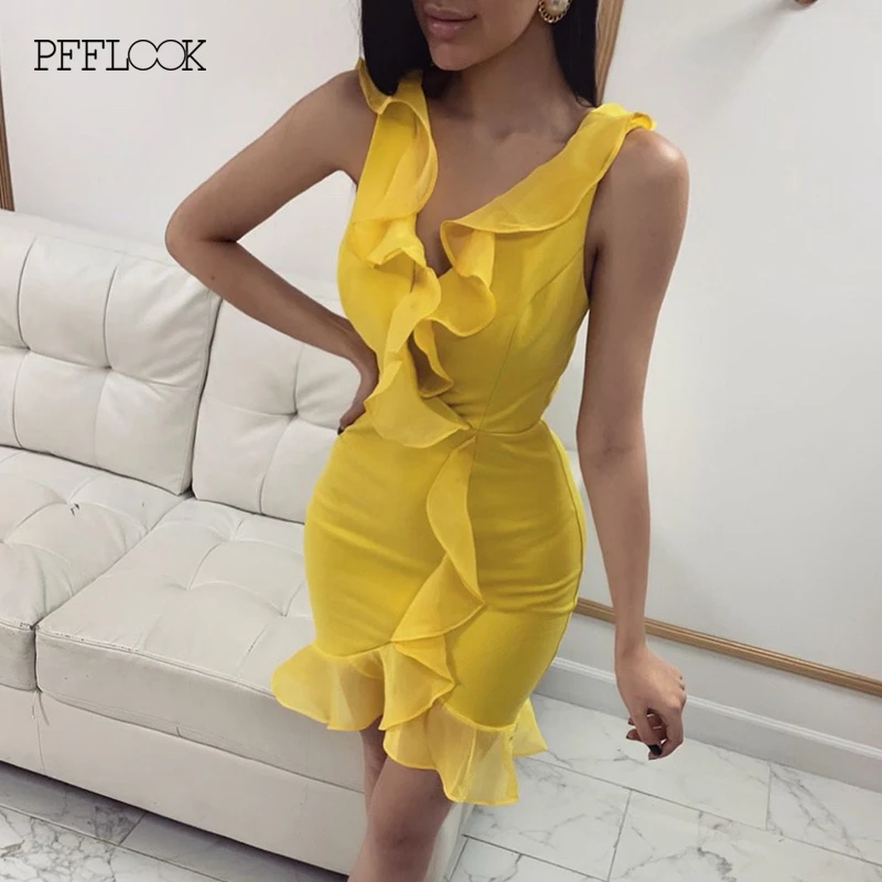 

PFFLOOK 2019 Summer Women Sexy Dress V-neck Ruffle Chiffon Bodycon Mini Sundresses Elegant Zipper Holiday Nightclub Vestidos