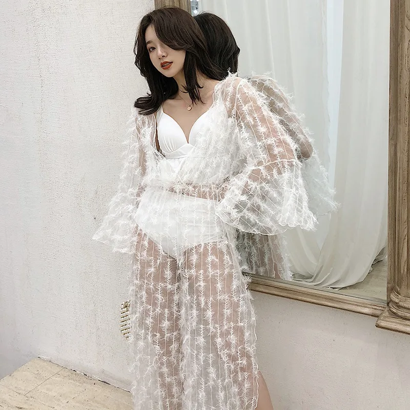 

INS New Style South Korea White Immortal Bikini Three-piece Set with Cover-up-Slimming High-waisted Holiday Bathing Suit Women's