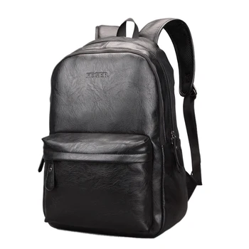 

FEGER School Bags Laptop Backpack PU Men'S Leather Backpack Fashion Back Pack Waterproof Big Travel Daily Men Shoulder Bag