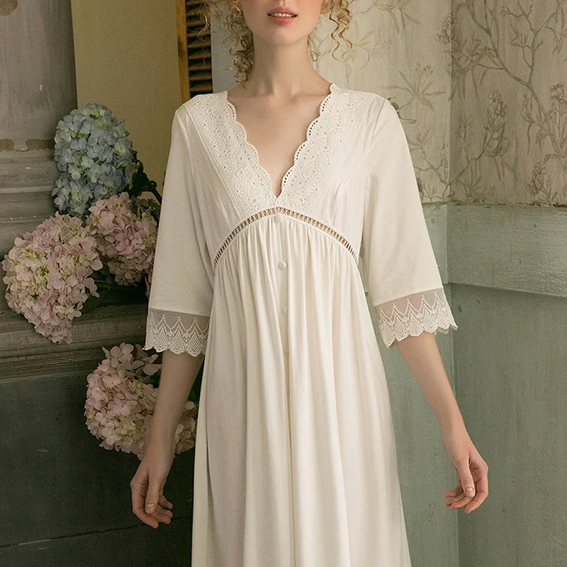 Женское белое платье в стиле Лолиты, кружевные ночные рубашки принцессы, винтажные хлопковые ночные рубашки с глубоким v-образным вырезом. Ночная рубашка в викторианском стиле