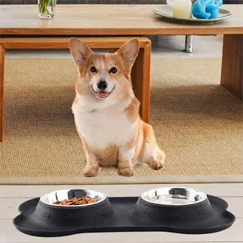 

Pet Dog Duble Bowl Kitten Food Water Stainless Steel Dogs Cats Drinking Dish Feeder For Pet Supplies Feeding Bowls With Silicone