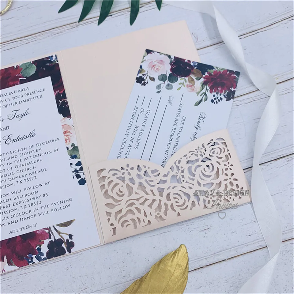 Beautiful Luxury Blush Laser Cut Wedding Invitation Folder, Invitation RSVP Suite Die cut