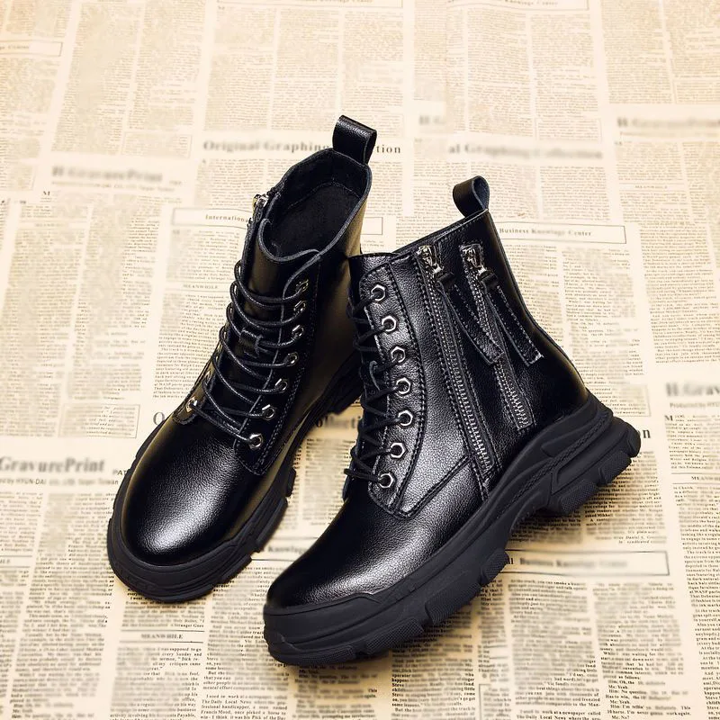 RIZABINA/ботильоны; женская обувь из натуральной кожи с круглым носком; обувь на Плоском Каблуке со шнуровкой и молнией в стиле панк; Цвет Черный; обувь в готическом стиле; женская обувь; Размеры 35-40