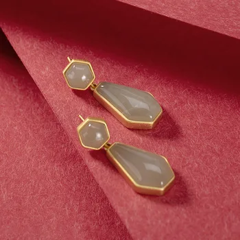 

S925 pure silver natural Hotan jade sapphire lady Earrings Korean version personality geometry temperament Earrings