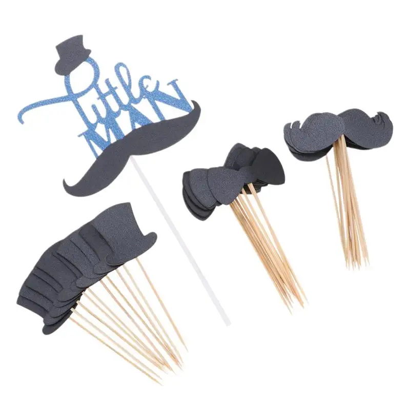 

31 Pcs Cake Toppers Little Man Hat Bow-Knot Moustache Cake Picks Fruit Picks Birthday Party Dessert Toppers