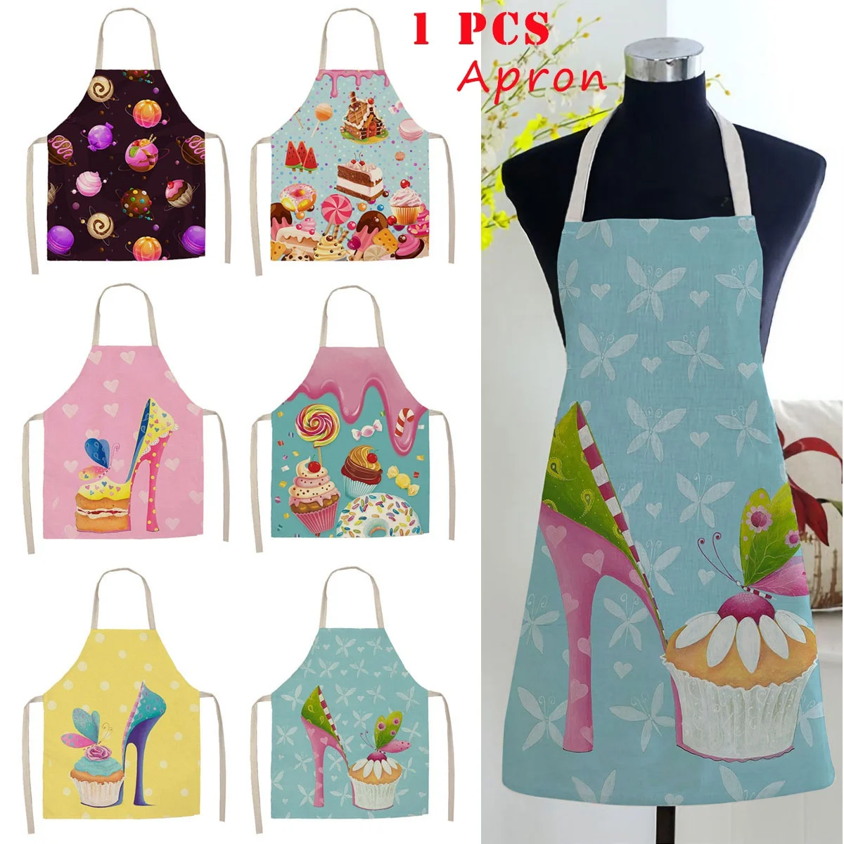 Home Cake Donut Pattern Printed Kitchen Apron for Woman Sleeveless Linen Aprons Cooking Cleaning Tool Women | Дом и сад