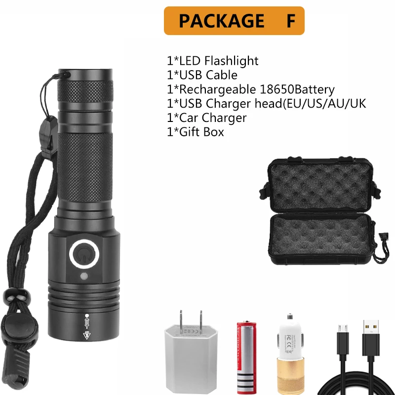 Package F Сверхмощный тактический фонарь XHP50.2 с подзарядкой от USB, магнитная лампа, яркий светодиодный фонарь с аккумулятором 18650 - Испускаемый цвет: Package F