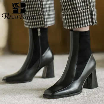 

RIZABINA New Women High Heel Boots Real Leather Thick Heel Square Toe Women Ankle Boots Fashion Short Boots Women Size 33-41