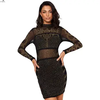 

Womens Dress Long Sleeve Hot Drilling Rhinstones Paisley Mesh Splicing Bodycon Midi Dress Sexy Night Club Party Dresses Vestidos