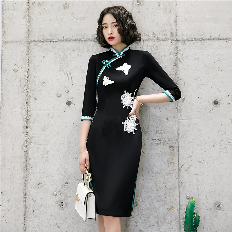 Черное женское мини-платье Cheongsam с цветочным S-3XL, модное короткое платье в китайском стиле, тонкое вечернее платье Qipao, весеннее женское платье