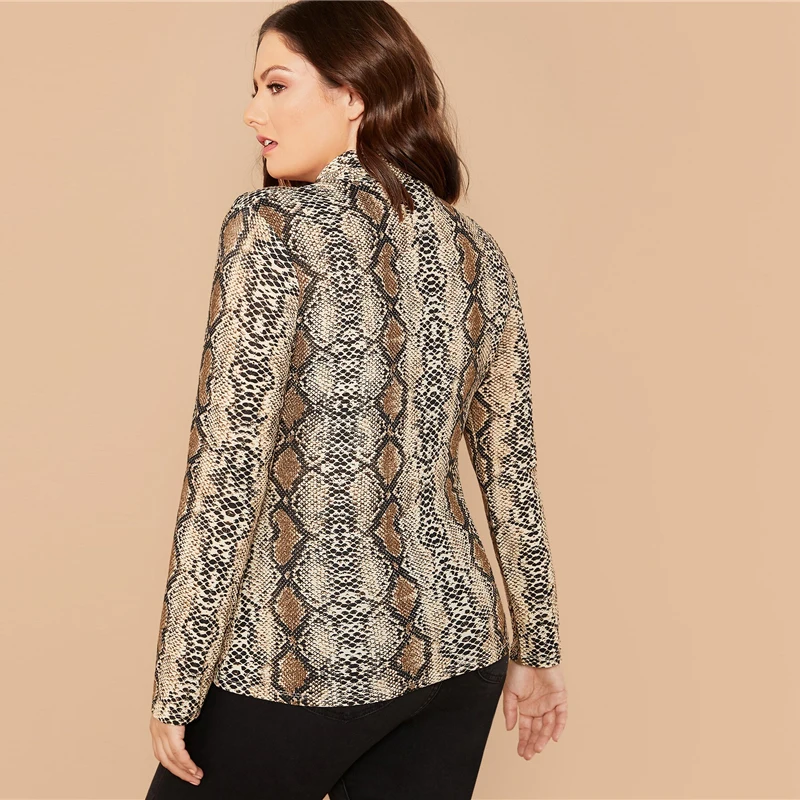 SHEIN, разноцветный топ размера плюс с вырезом, змеиный принт, Женская Осенняя облегающая футболка с длинным рукавом, обтягивающие сексуальные футболки