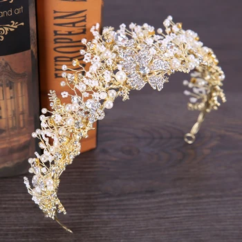 

Bride Crown With Crystal Pearl Golden Bride's Tiara Princess Crown Wedding Head Adornment Crystal Flower Pretty Crown Jewelery