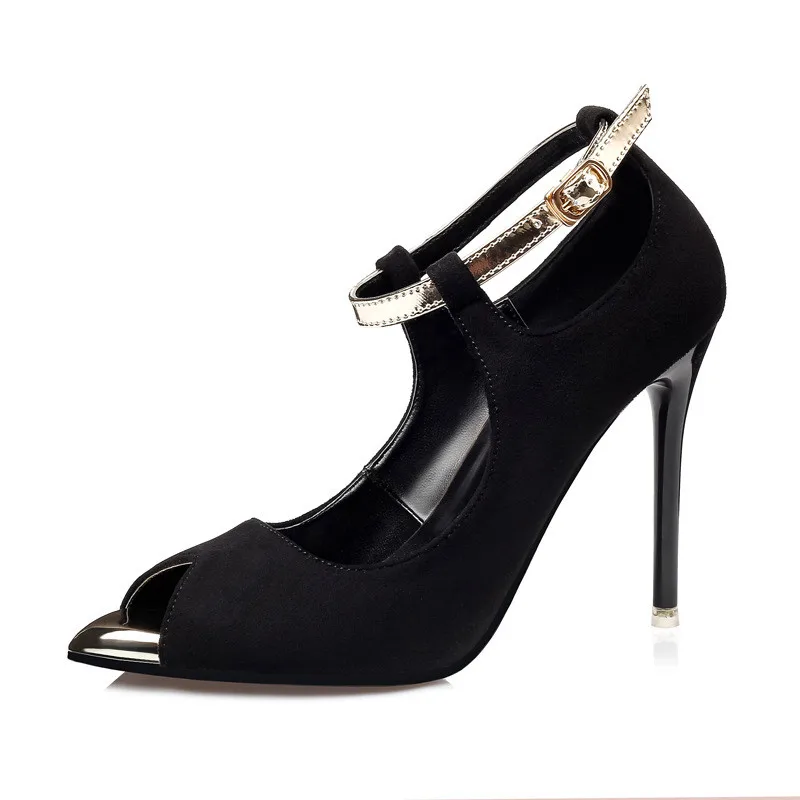 

2019 spring and autumn new metal head fish mouth high heel stiletto suede women's shoes black 0731