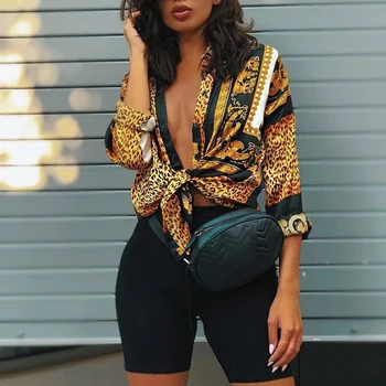 2019 Spring Women Elegant Party Loose Button Shirt Turn-down Collar Female Leopard Print Knot Front Long Sleeve Blouse 1