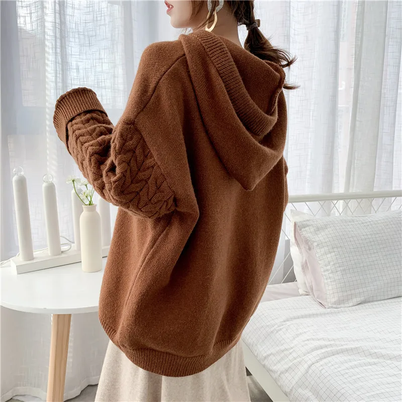 LANMREM women hooded twist knitted woolen pullover