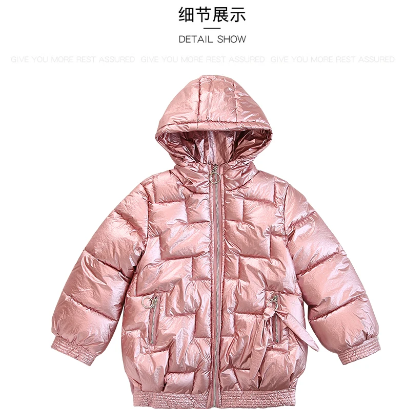 Зимняя куртка для девочек, детское пуховое хлопковое пальто, водонепроницаемый Зимний комбинезон, розовая, Золотая, серебряная куртка, парка с капюшоном, пуховые пальто для девочек