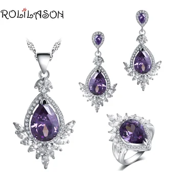 

ROLILASON Purple Zircon Crown shape water drop design 925 Silver For girl Earrings Necklace Rings Jewelry Sets JS773