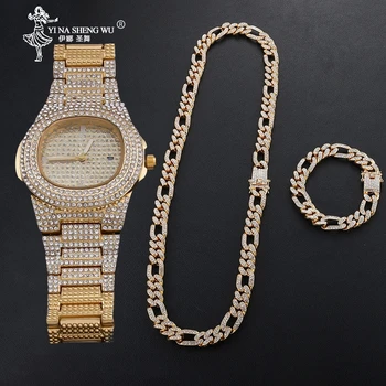 

Iced Out Necklace+Watch+Bracelet 3pcs Kit Miami Curb Cuban Chain Gold Full Iced Out Paved Rhinestone CZ Bling Jewelry For Men