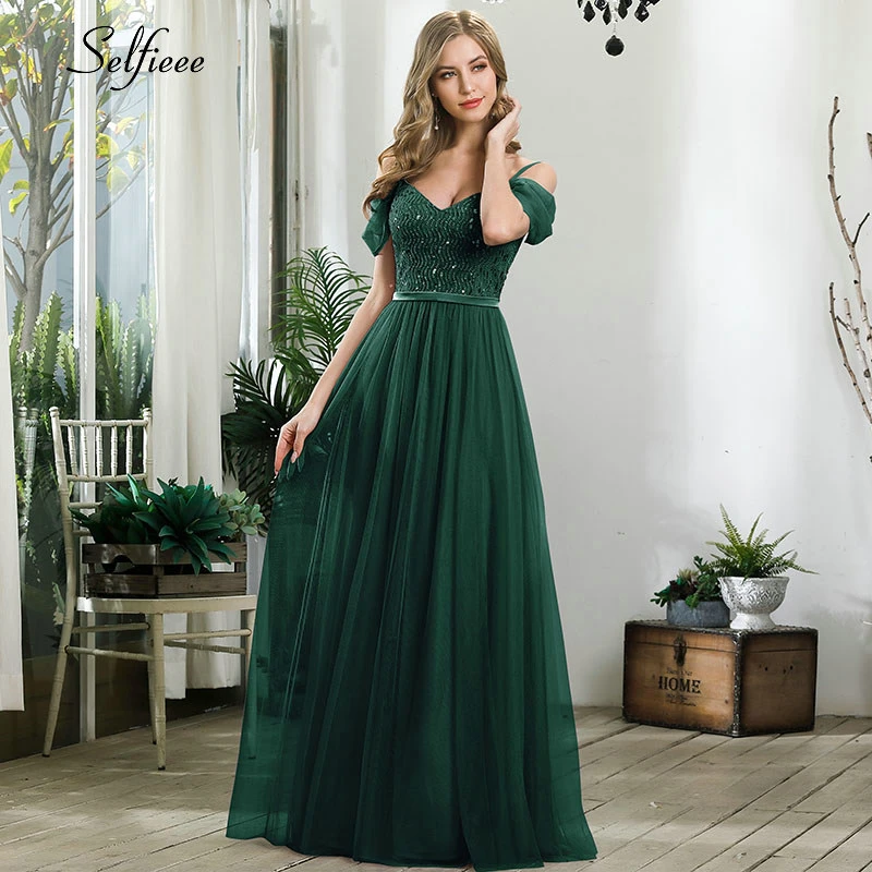 Elegant Laides Party Dress A-Line V-Neck Spaghetti Straps Sequined Short Sleeve Maxi Women Dress Sparkle Formal Gown Robe Femme
