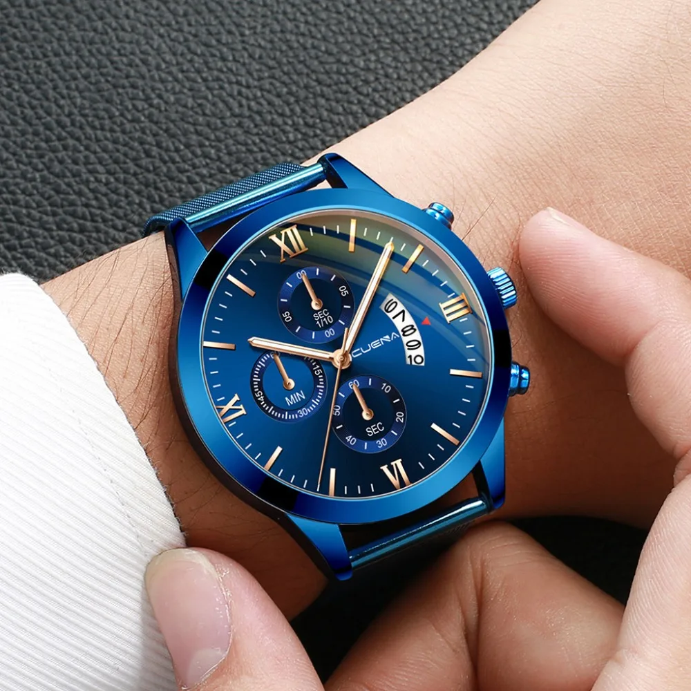 CUENA Three Eyes мужские деловые стальные часы с магнитным синим циферблатом Модные мужские наручные часы Relogio Masculino A40