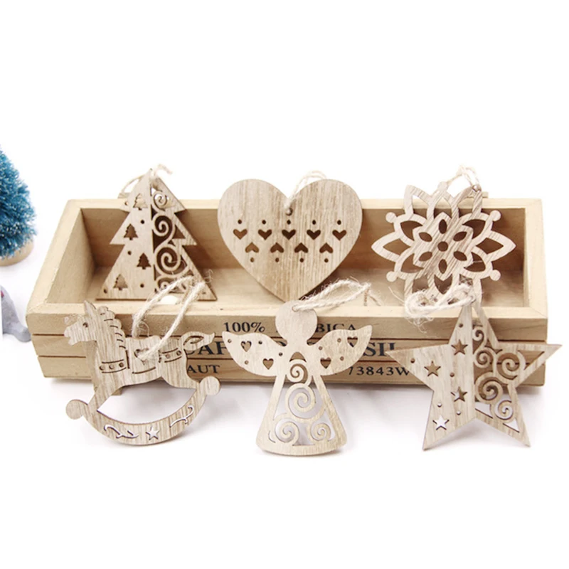 

6pcs New Year Natural Wood Christmas Snowflake Xmas Tree pendants Ornament Wooden Hanging Pendants Gifts Christmas decorations