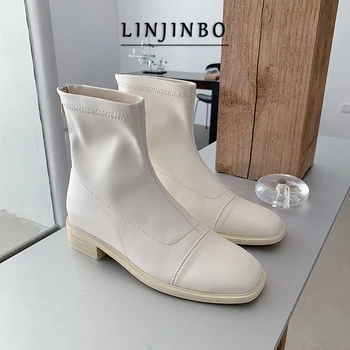 

2020 Autumn White Chelsea Boots Women Square Toe Low-heel Ankle Boots Women Chic Back Zipper Short Boots Women Shoes