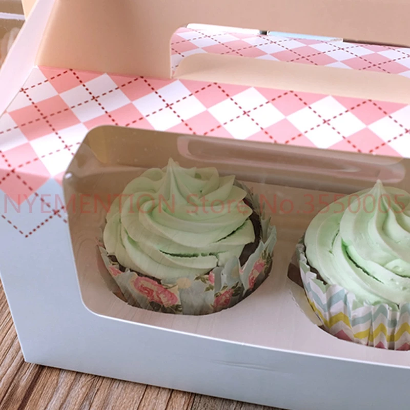 Коробка для кексов с окном 2 отверстия торт Muffin упаковочные коробки, свадьба, день рождения Кондитерские подарок держатель упаковочные материалы ручка 100 шт