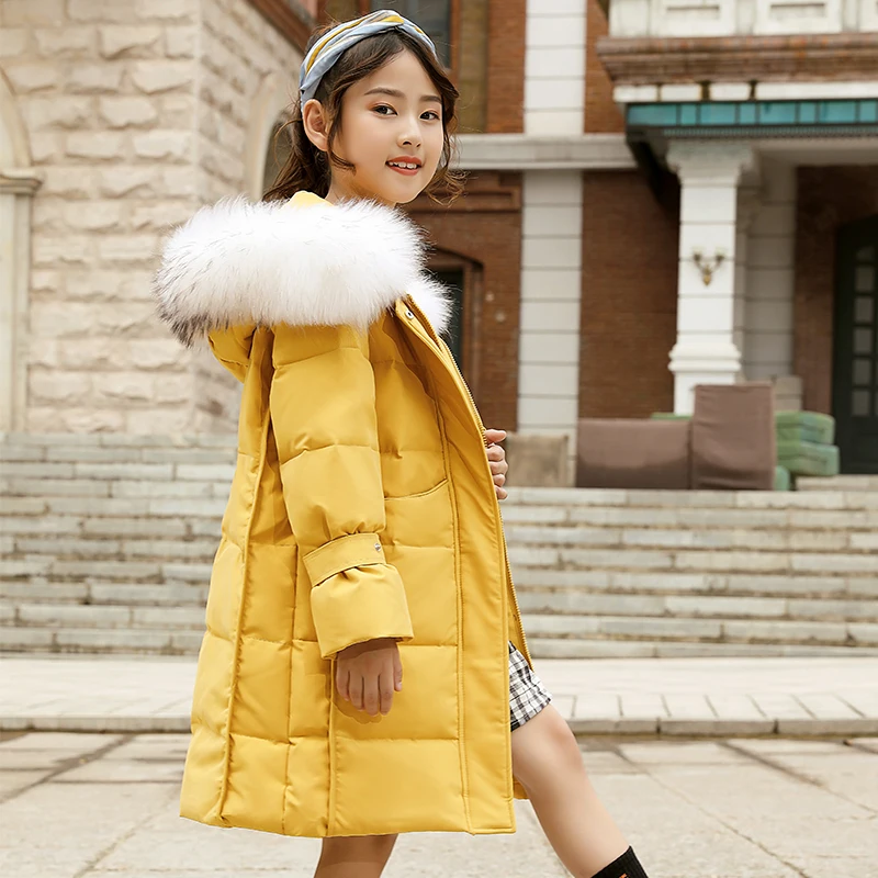 

girls Down jacket White duck down Raccoon fur collar kids winter jacket thick hooded long trench girls winter coat Slim fit