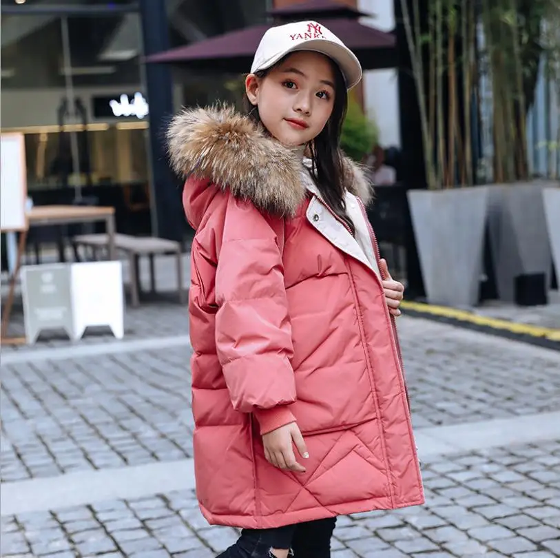 Зимние новые модные теплые длинные пуховики для детей, пальто с капюшоном и воротником из натурального меха до 30 градусов топы для девочек, От 6 до 12 лет, WS1087 - Цвет: red