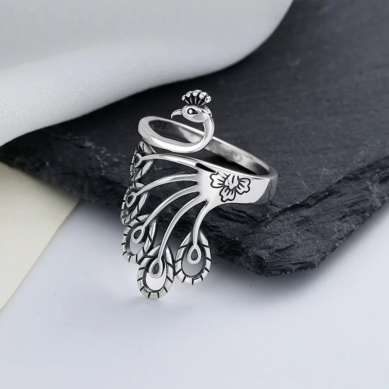 Peacock Ring Stainless Steel Victorian Art Deco Bird Boho Band