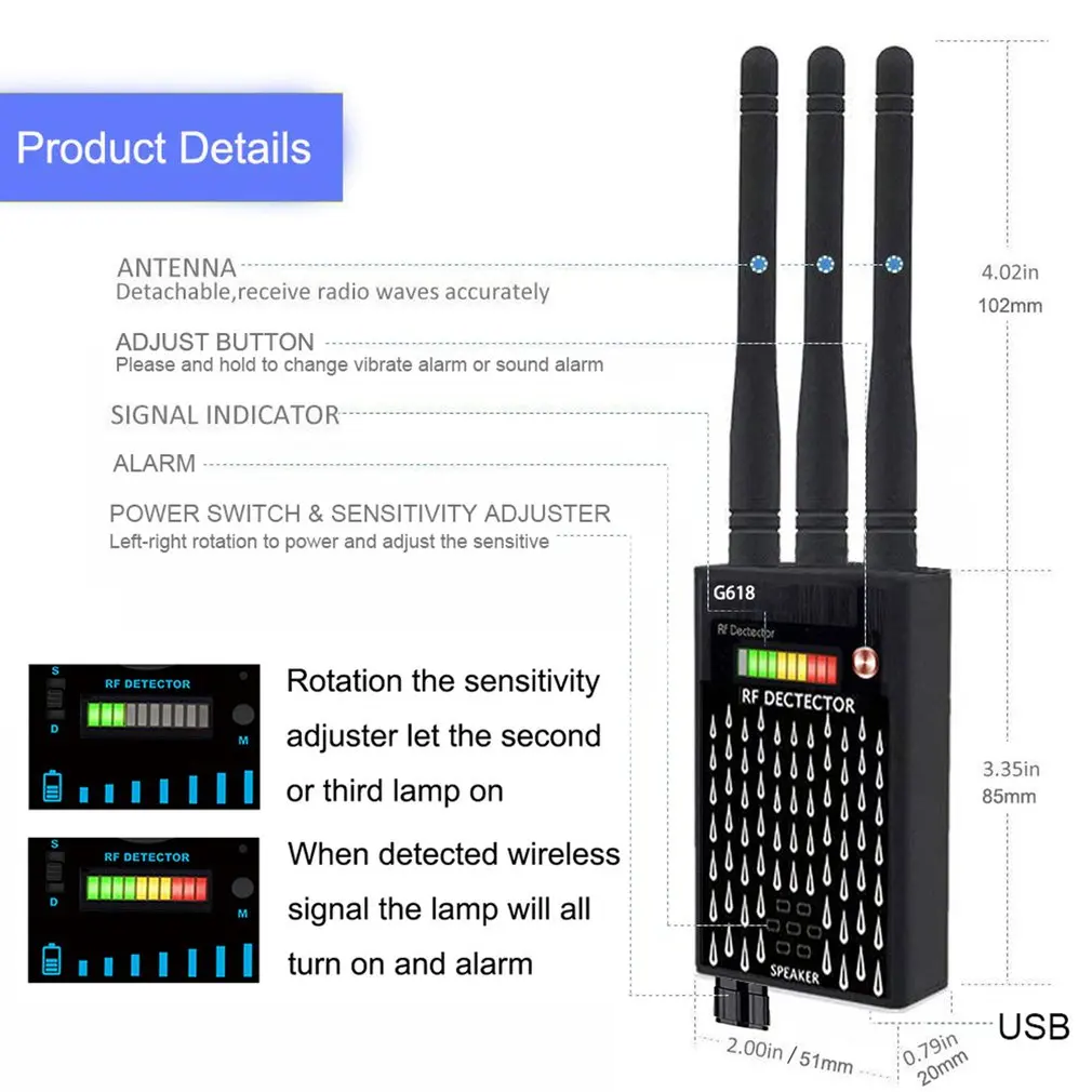 Vilips Detector Antenna Anti-Spy RF CDMA Signal Finder For GSM Bug GPS Tracker Wireless Hidden Camera Eavesdropping G618